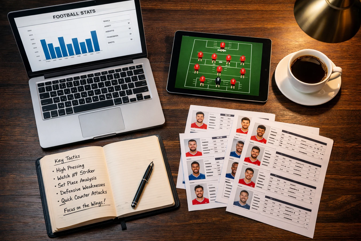 Vista aérea de mesa de trabalho com laptop, tablet e notas mostrando processo de análise pré-jogo profissional