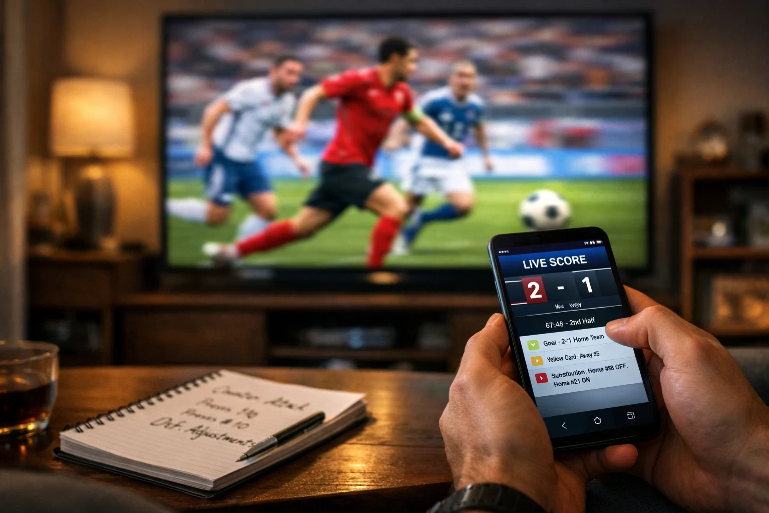 Sala de estar com televisão mostrando jogo de futebol e mãos a segurar smartphone com aplicação de apostas