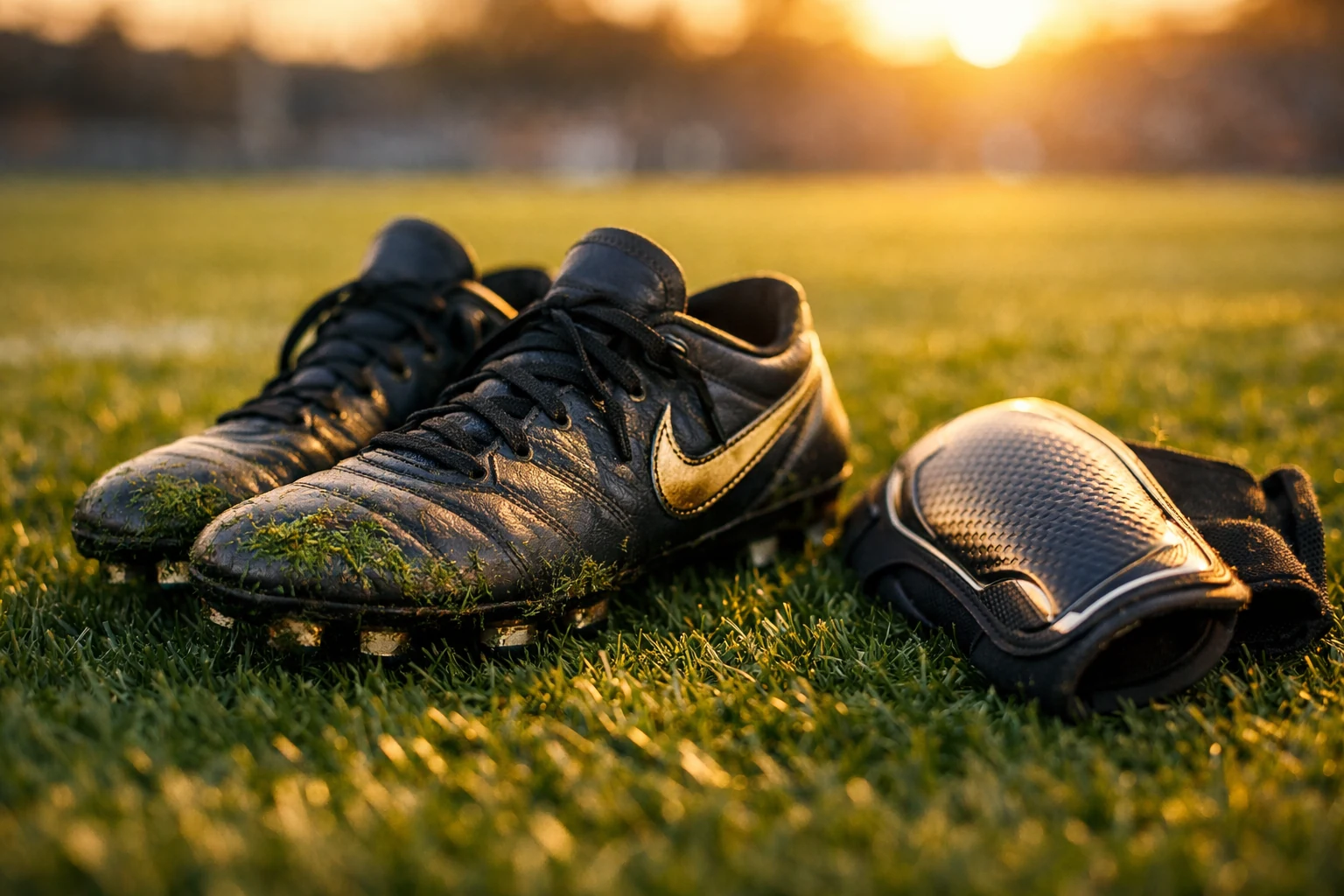 Chuteiras de futebol profissionais e caneleiras sobre relva de estádio ao pôr do sol