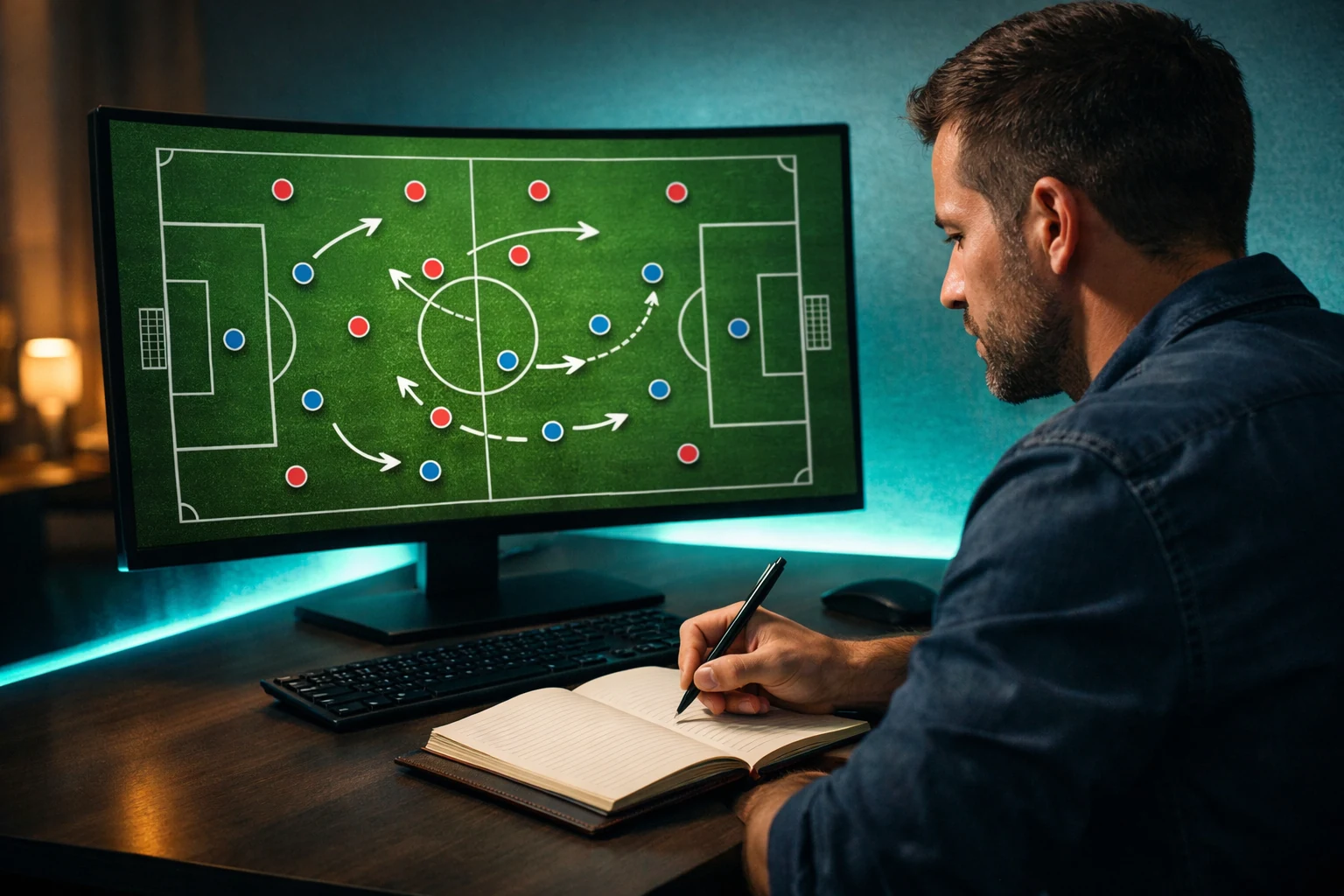 Analista profissional a estudar táticas de futebol em monitor com diagrama de campo e anotações estratégicas
