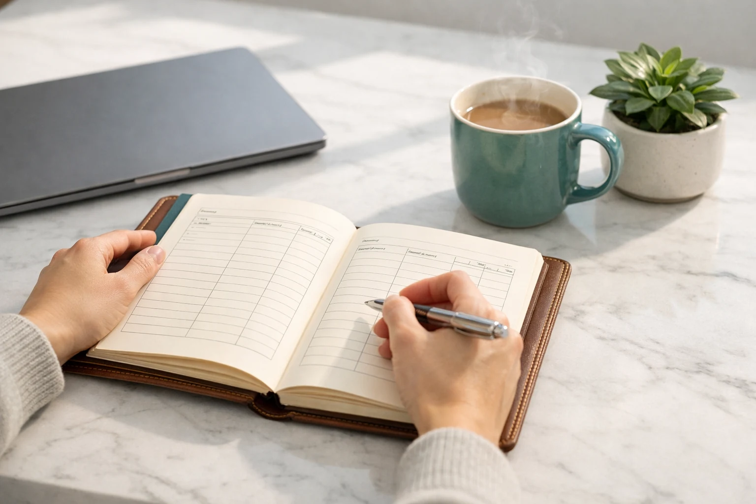 Ambiente organizado de planeamento financeiro com caderno de registos e atmosfera de disciplina e método