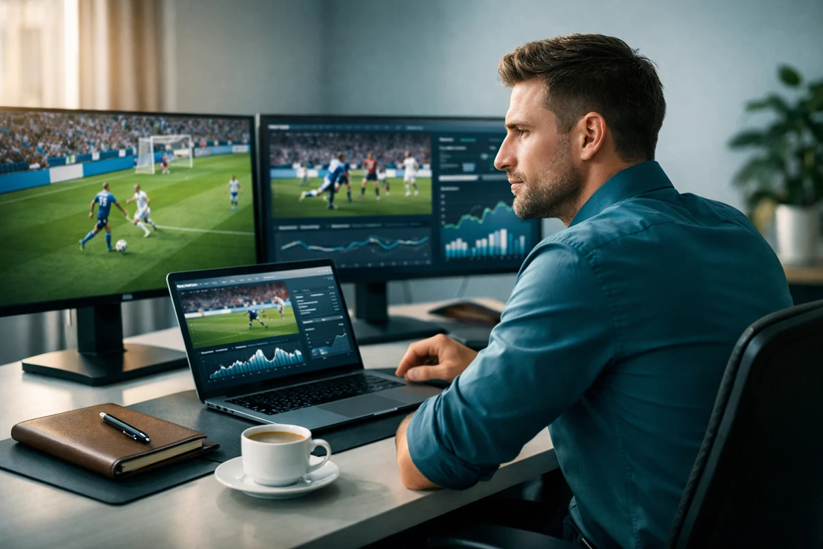 Analista profissional de apostas desportivas a trabalhar em ambiente moderno com múltiplos ecrãs mostrando estatísticas de futebol