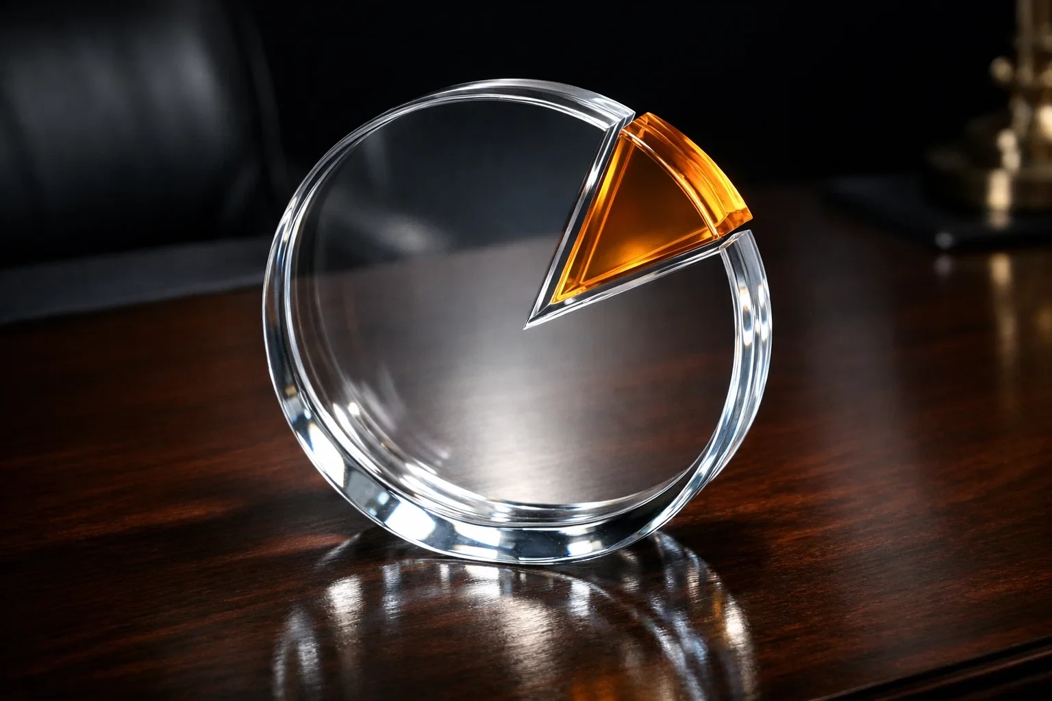 Escultura de vidro em forma de gráfico circular mostrando a margem da casa como segmento dourado de cinco por cento