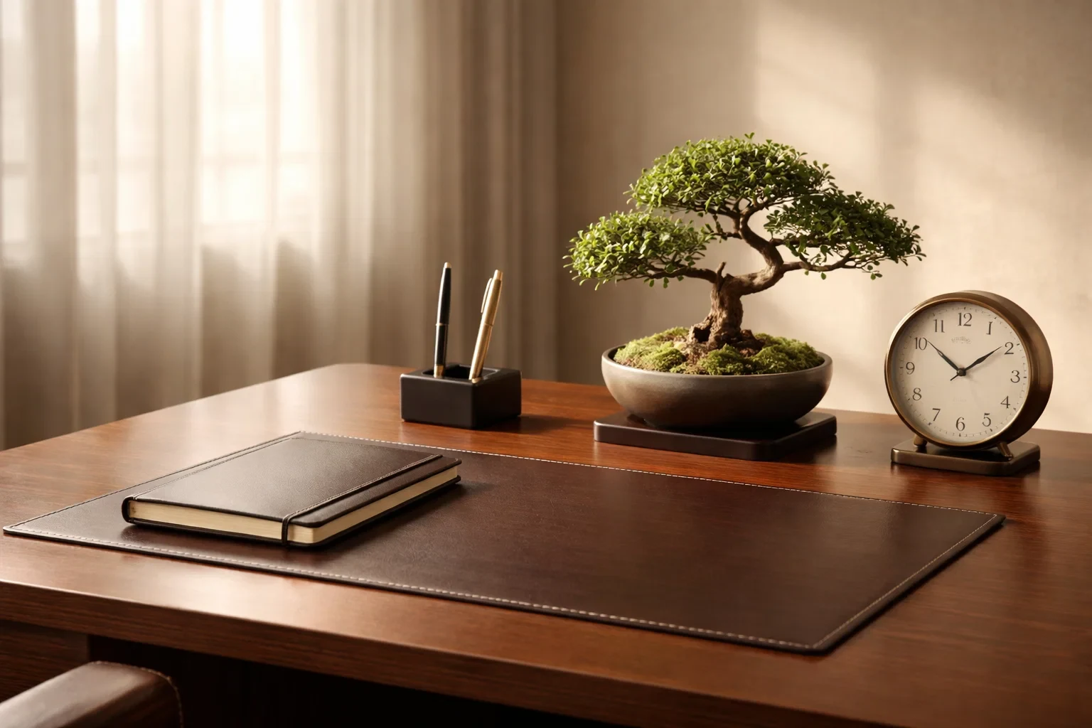Secretária organizada com caderno bonsai e relógio representando disciplina e cultivo de competência profissional