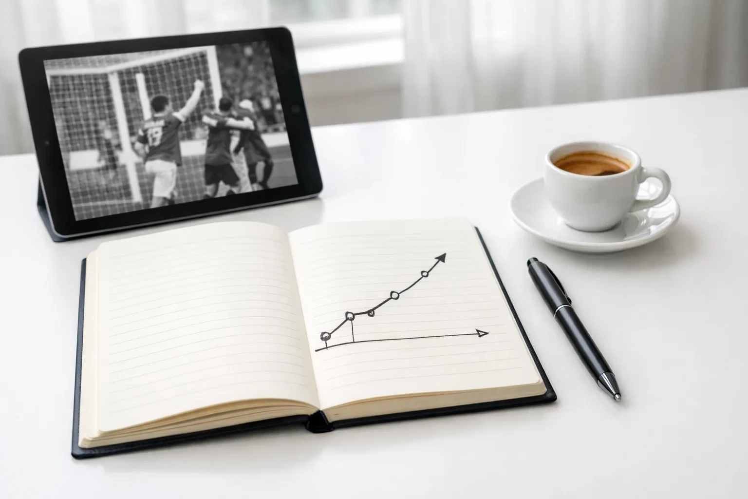 Caderno com gráfico de tendências de golos e tablet mostrando celebração de golo