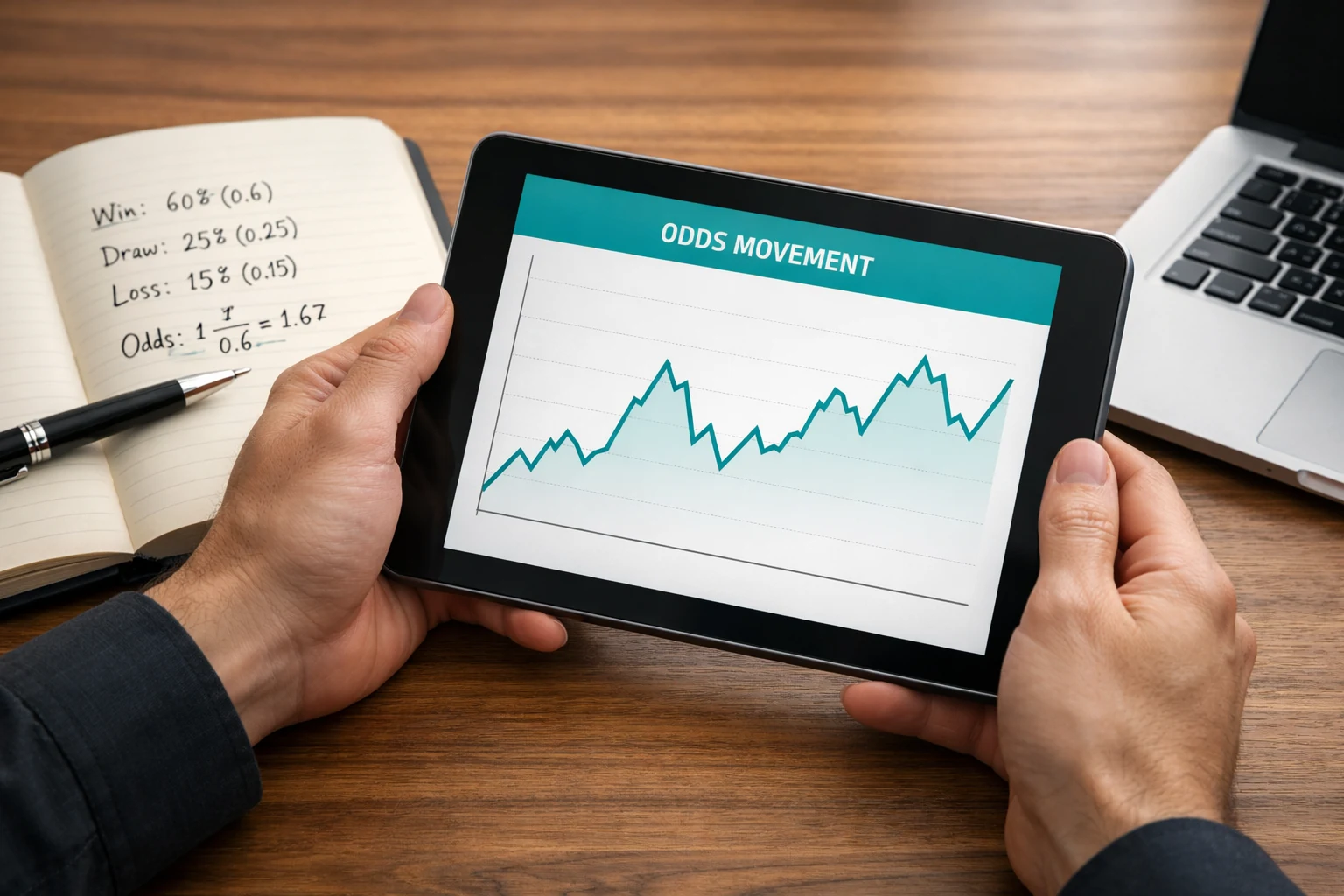 Mãos a segurar tablet com gráfico simples de movimentação de odds e caderno com cálculos de probabilidades