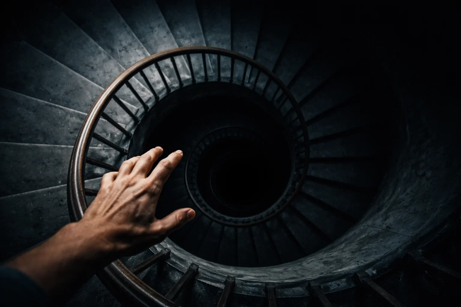 Mão hesitando no topo de escadaria em espiral que desce para a escuridão representando ciclo destrutivo