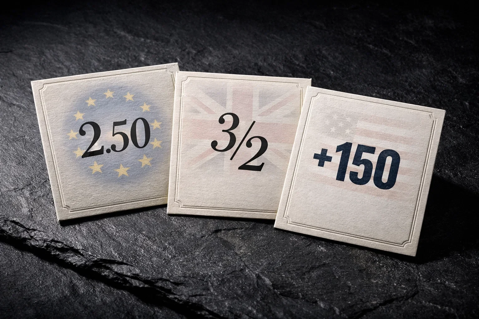 Três cartões elegantes mostrando odds em formato decimal europeu, fraccionário britânico e americano